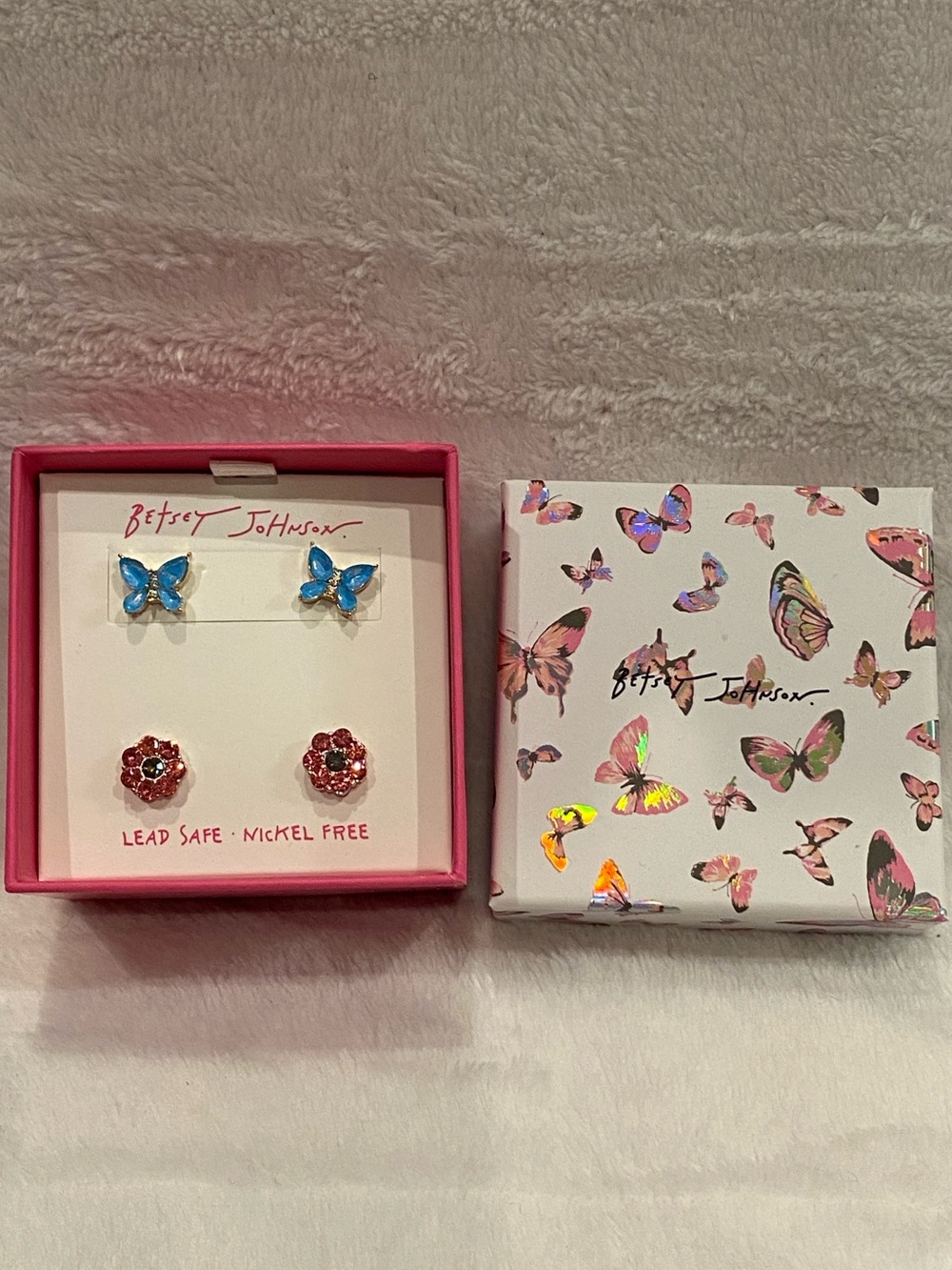 Betsey Johnson Set 2 Pair Stud Earrings Butterfly & Flower Crystal Accents NIB